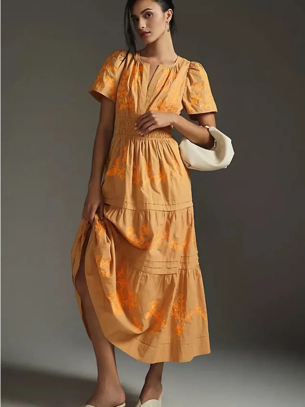Anthropologie Women's Somerset Pleated Orange Embroidered Floral Maxi Dress XSP - Picture 1 of 16